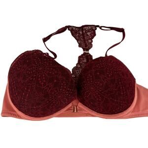 Pink Victoria's Secret Maroon Lace Front Closure Date Push-Up Size 36C